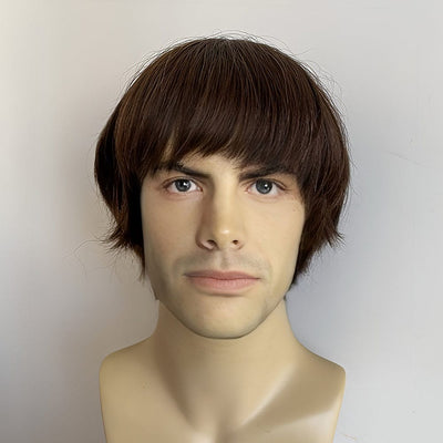 Men Human Hair Wig Dark Brown Short Straight Bangs 60s British Retro Music Cosplay