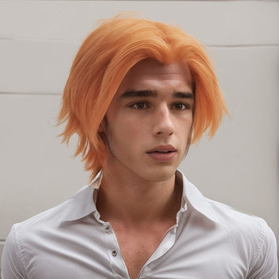 Men Orange Anime Cosplay Wig Short Straight Hair Middle Part Long Curtain Bangs