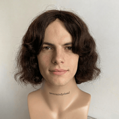 Men's Dark Brown Human Hair Wig: Wavy Bob with Curtain Bangs