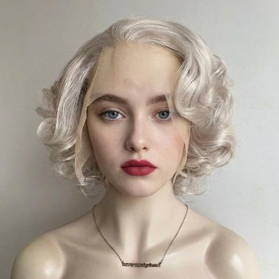 Silver Gray Hair Wig For Women Lace Front Short Curly Marilyn Style Widow's Peak