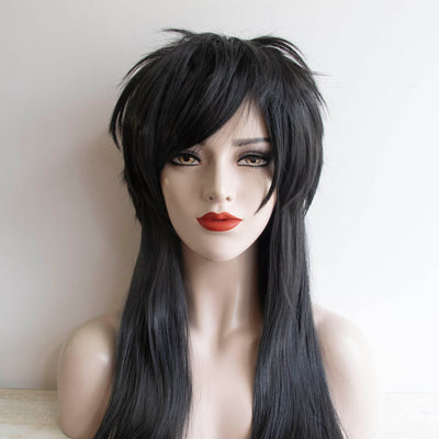Wolf-Cut-Perücke für Damen, schwarz, lang, glatt, Fransenpony, Gothic, Vokuhila