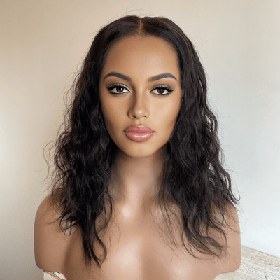 Women Black Human Hair Wig Lace Front Long Curly Middle Part Natural Looking Realistic 14 Inches