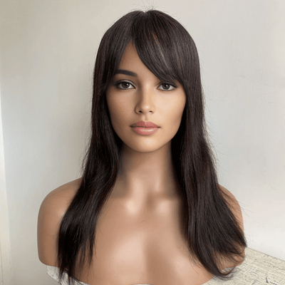Women Black Real Human Hair Long Straight Fringe Bangs Wig 20 Inches