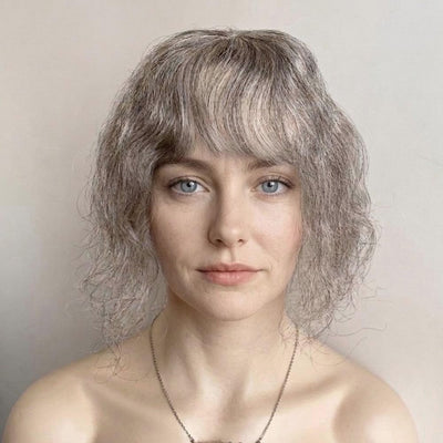 Women Gray Salt And Pepper Human Hair Topper For Thinning Hair Curly Clip-In Bangs