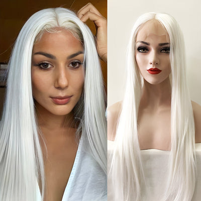 Perruque longue et droite en dentelle blanche comme neige pour femme avec raie au milieu
