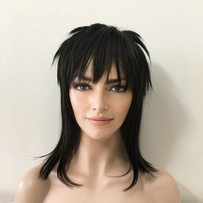 Women Black Wolf Cut Medium-Length Straight Fringe Bangs Punk Mullet Cosplay Wig