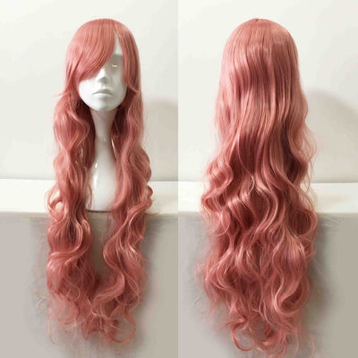 Perruque de cosplay anime pour femme, cheveux longs et bouclés rose foncé, mèche balayée sur le côté