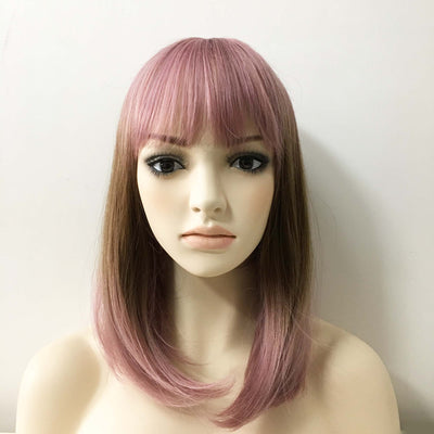 Perruque droite mi-longue pour femme, dégradé de rose foncé et marron, avec frange