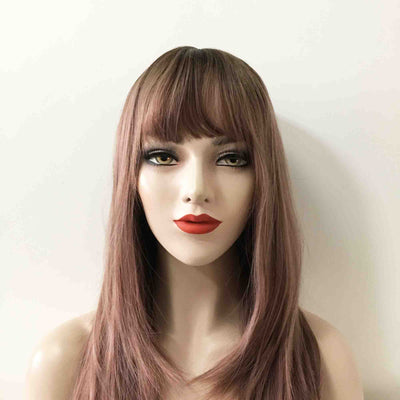 Women Dusty Pink Ombre Long Straight Fringe Bangs Layered Wig
