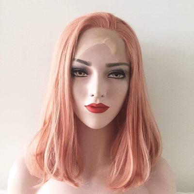 Perruque rose pour femme, dentelle frontale, mi-longue, lisse, raie sur le côté