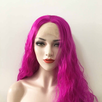 Perruque longue et bouclée pour femme, rose magenta, avec raie sur le milieu et dentelle frontale