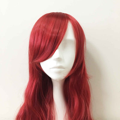Rote lange lockige, seitlich gefegte Pony-Cosplay-Perücke für Damen