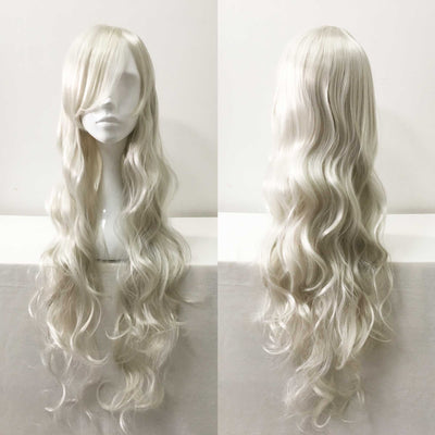 Weiße lange lockige, seitlich gefegte Pony-Cosplay-Perücke für Damen