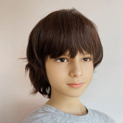 Dark Brown Human Hair Kids Wig Short Hair Bangs For Boy Children Chemo Cosplay