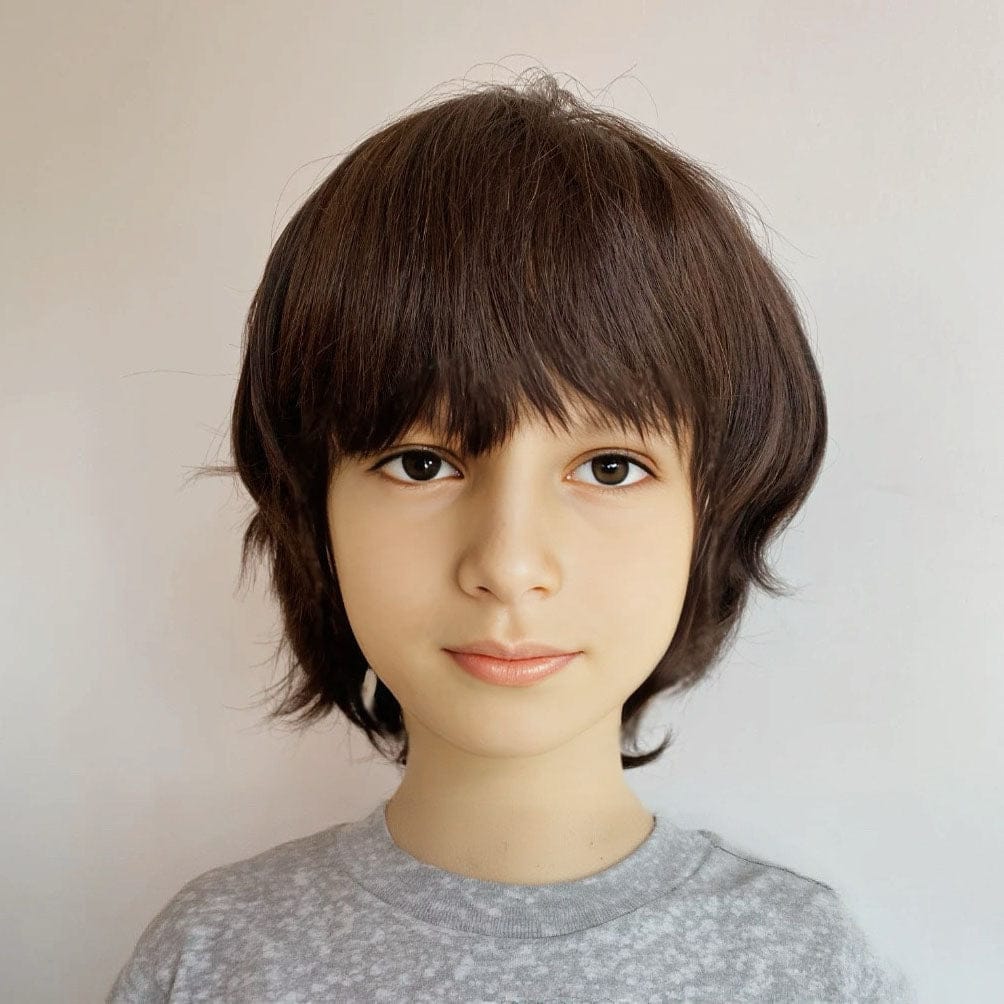 nevermindyrhead Dark Brown Human Hair Kids Wig Short Hair Bangs For Boy Children Chemo Cosplay Brown