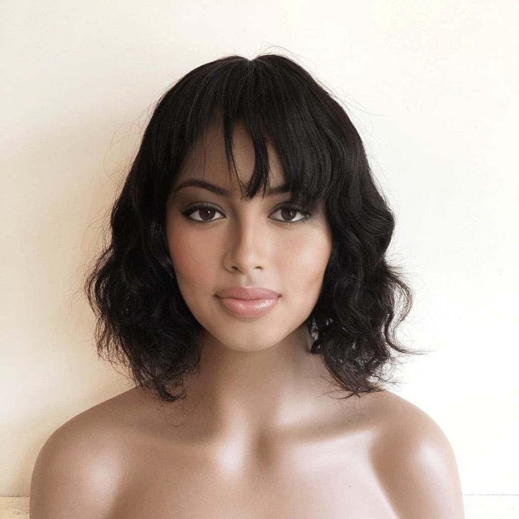 nevermindyrhead Dark Brown Human Hair Wig For Women Fringe Bangs Short Bob Curly Hair Black