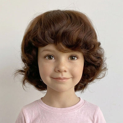 Kids Wig Girls Dark Brown Human Hair With Bangs Short Curly For Children