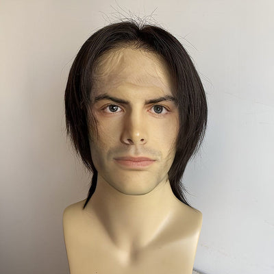 Men Black Human Hair Wig Wolf Cut Mullet Curtain Bangs Short Straight Lace Front