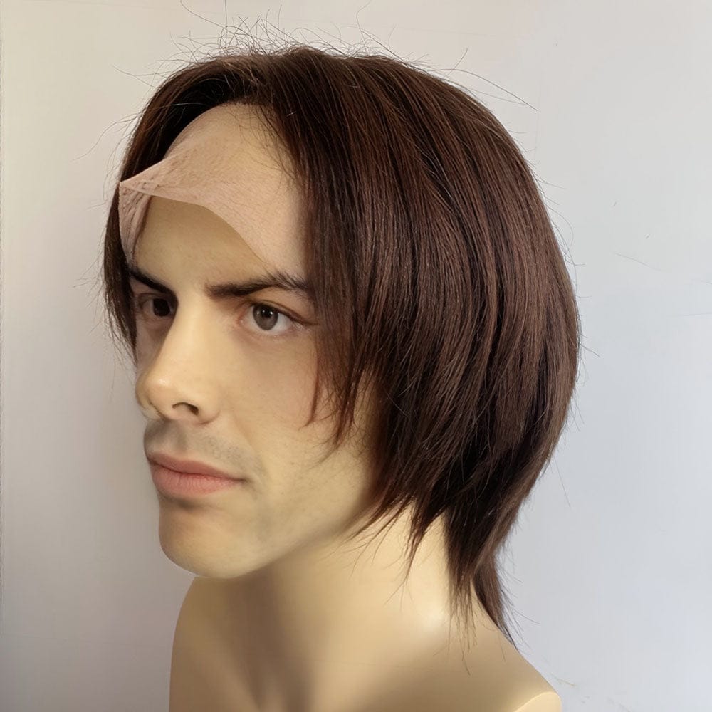 nevermindyrhead Men Black Human Hair Wig Wolf Cut Mullet Curtain Bangs Short Straight Lace Front Brown