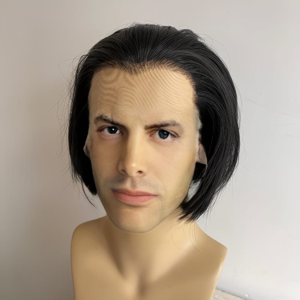 nevermindyrhead Men Black Lace Front Wig Widows Peak Hairline Short Straight Bob Style Cosplay