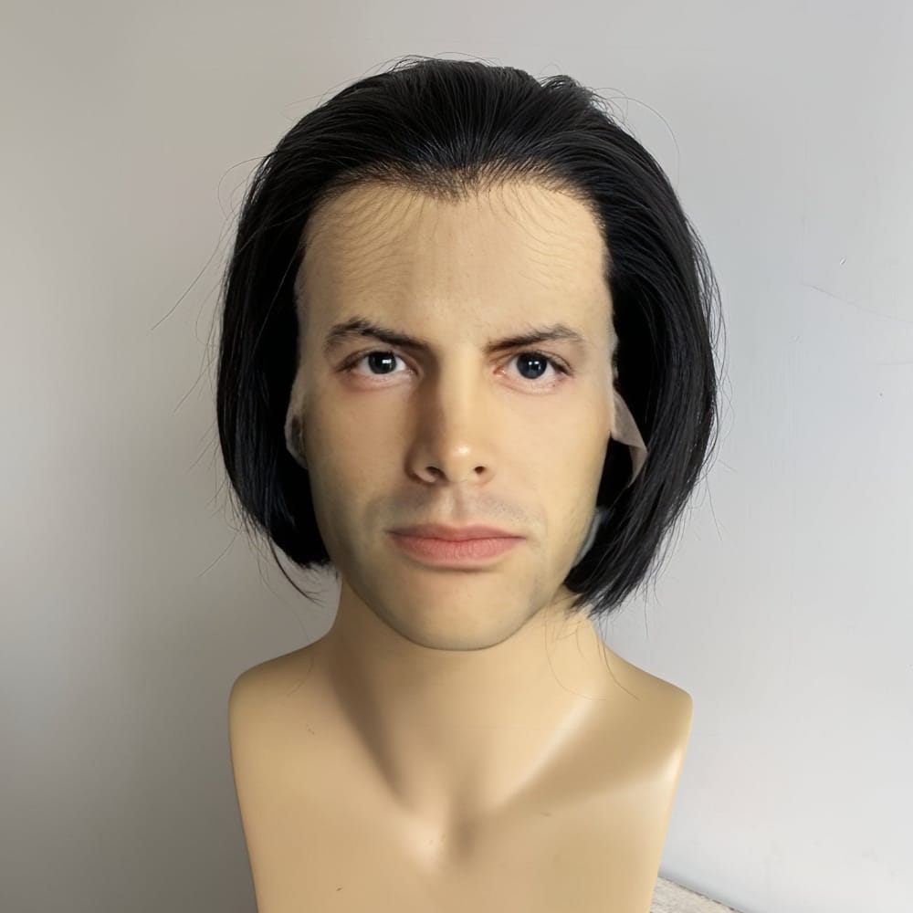 nevermindyrhead Men Black Lace Front Wig Widows Peak Hairline Short Straight Bob Style Cosplay