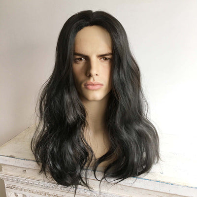 Men Black Long Wavy Middle Part Thick Volume Cosplay Costume Wig