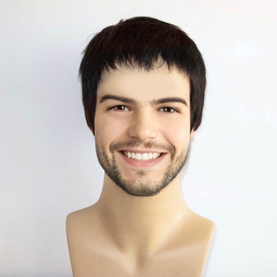 Men Black Real Human Hair Very Short Straight Fringe Bangs Wig