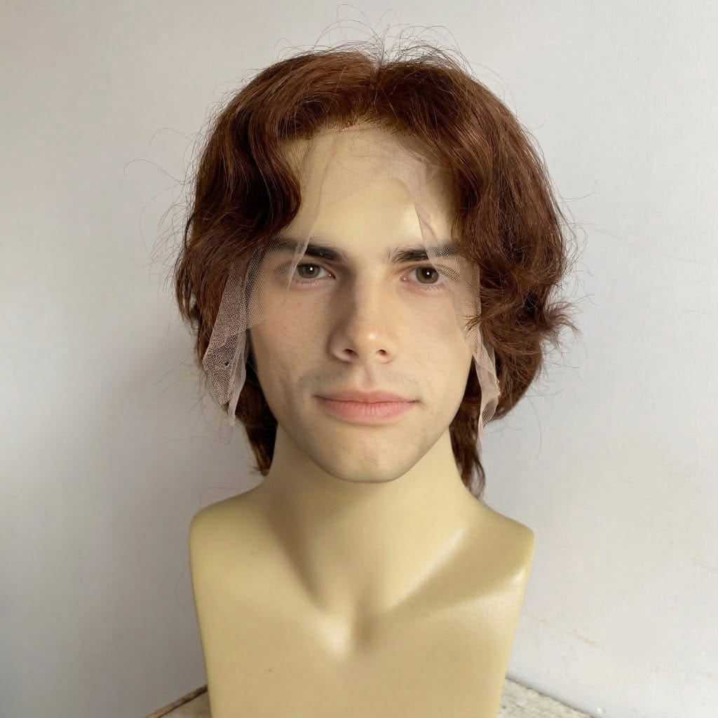 nevermindyrhead Men Dark Brown Human Hair Wig Lace Front 70s Retro British Rockstar Short Wavy Brown