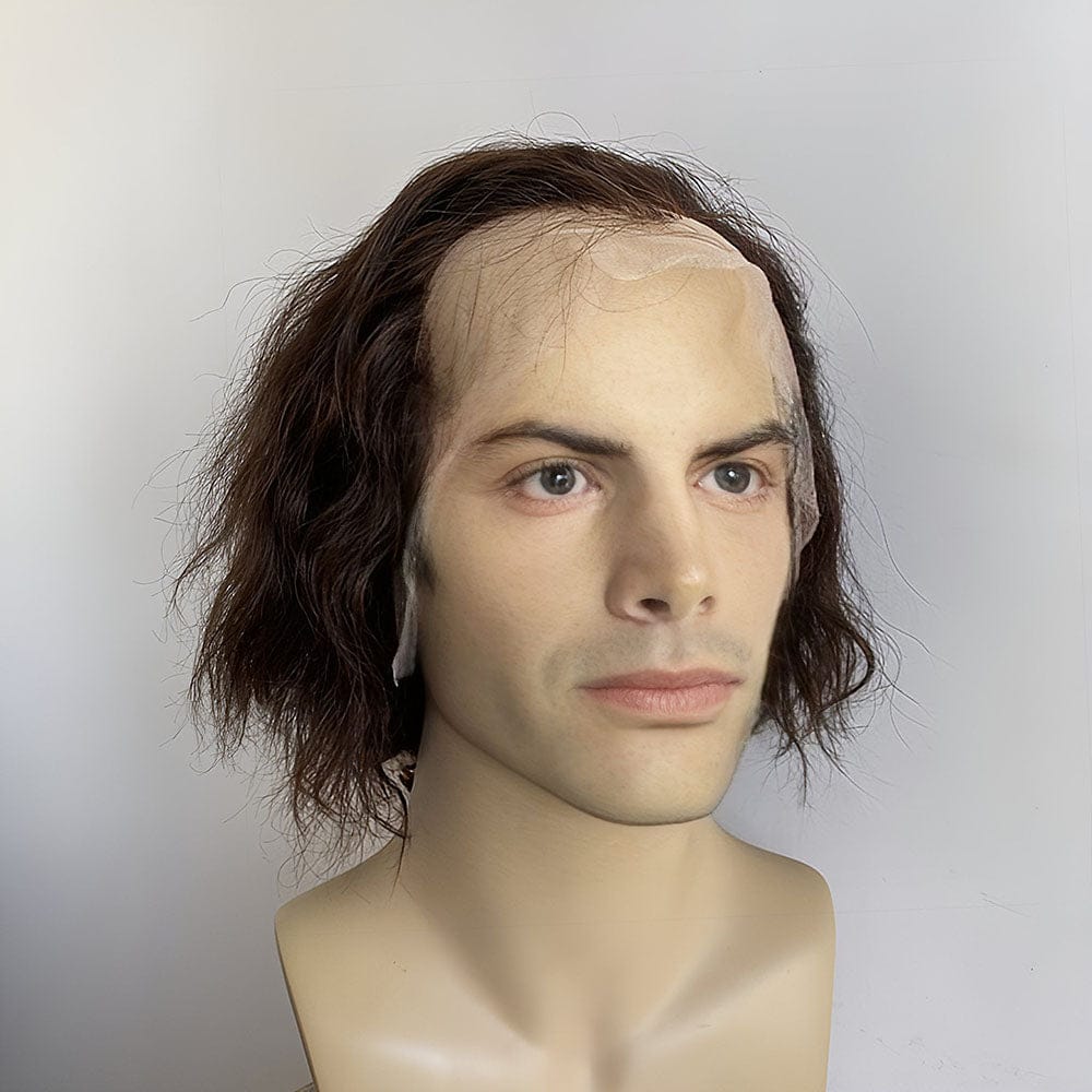 nevermindyrhead Men Human Hair Wig Dark Brown Receding Hairline Short Curly Lace Front Costume Cosplay