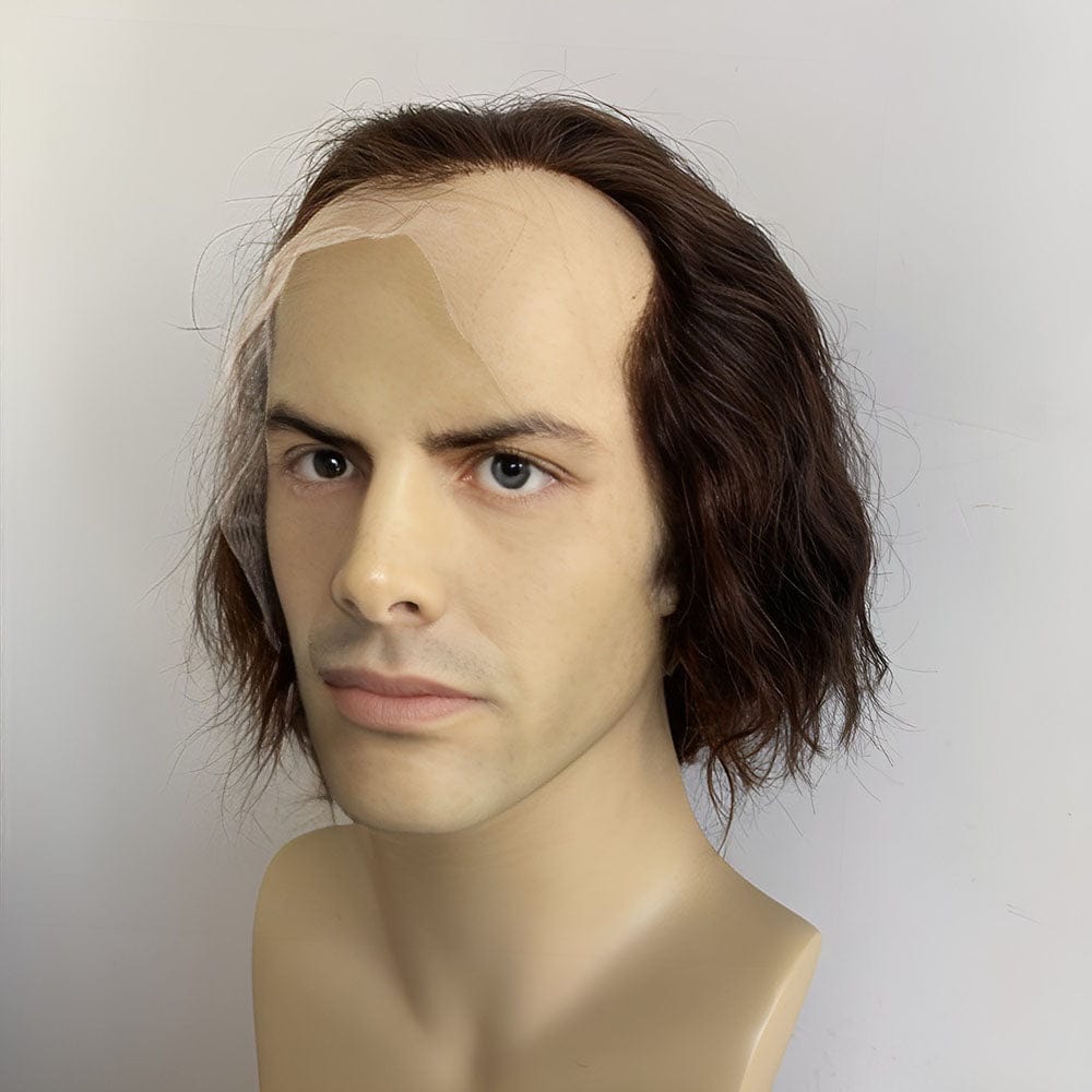 nevermindyrhead Men Human Hair Wig Dark Brown Receding Hairline Short Curly Lace Front Costume Cosplay