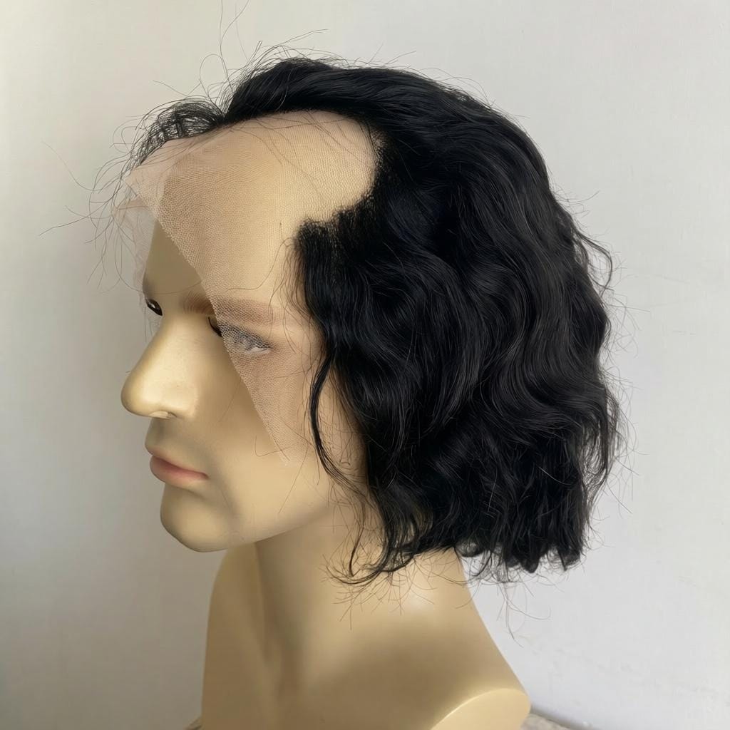 nevermindyrhead Men Human Hair Wig Dark Brown Receding Hairline Short Curly Lace Front Costume Cosplay Black
