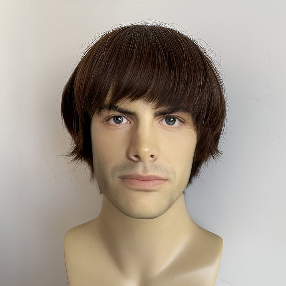 nevermindyrhead Men Human Hair Wig Dark Brown Short Straight Bangs 60s British Retro Music Cosplay Brown