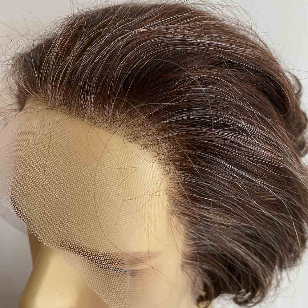 nevermindyrhead Men Human Hair Wig Dark Brown Short Straight Salt & Pepper Silver Gray Highlight