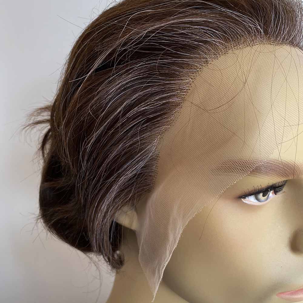 nevermindyrhead Men Human Hair Wig Dark Brown Short Straight Salt & Pepper Silver Gray Highlight