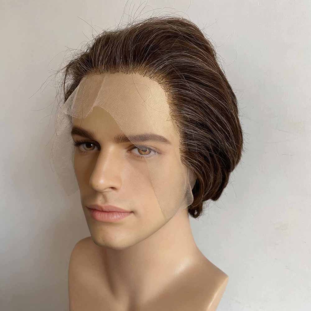 nevermindyrhead Men Human Hair Wig Dark Brown Short Straight Salt & Pepper Silver Gray Highlight