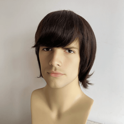 Men Human Hair Wig Dark Brown Short Straight Thick Bangs Cosplay 60s Retro Rock Mod Nostalgic Style