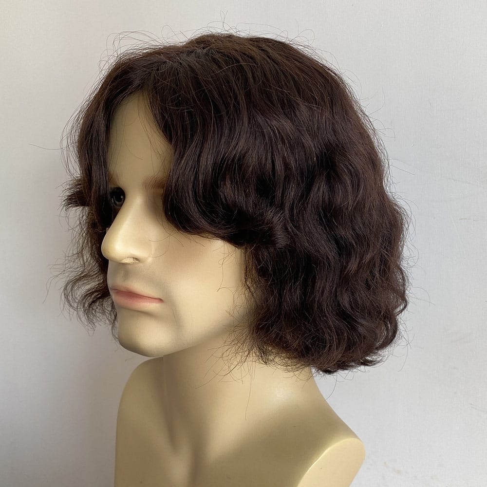 nevermindyrhead Men's Dark Brown Human Hair Wig: Wavy Bob with Curtain Bangs