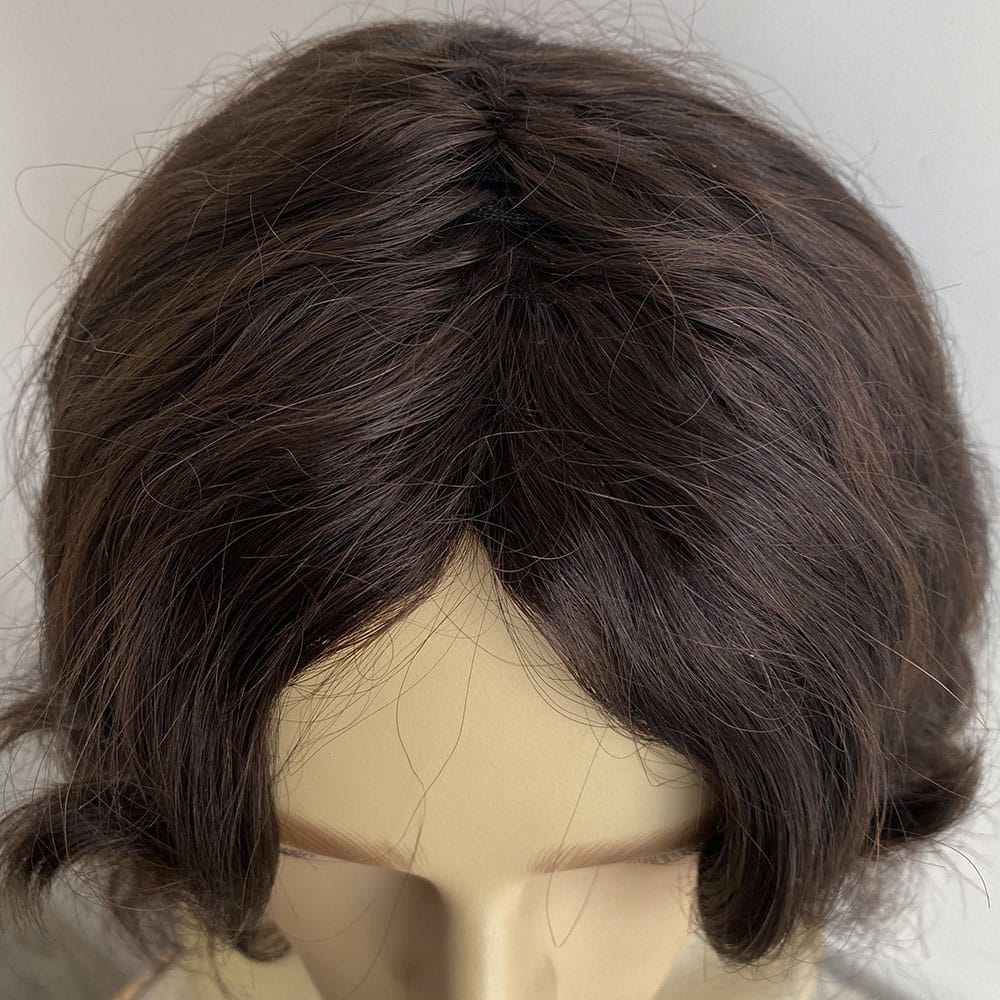 nevermindyrhead Men's Dark Brown Human Hair Wig: Wavy Bob with Curtain Bangs