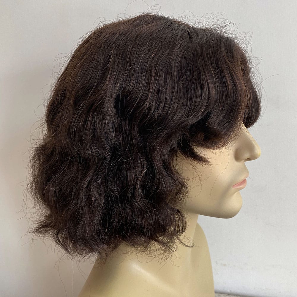 nevermindyrhead Men's Dark Brown Human Hair Wig: Wavy Bob with Curtain Bangs