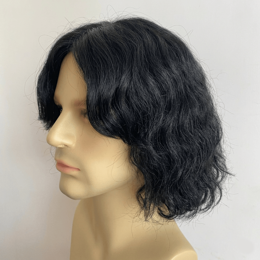 nevermindyrhead Men's Dark Brown Human Hair Wig: Wavy Bob with Curtain Bangs