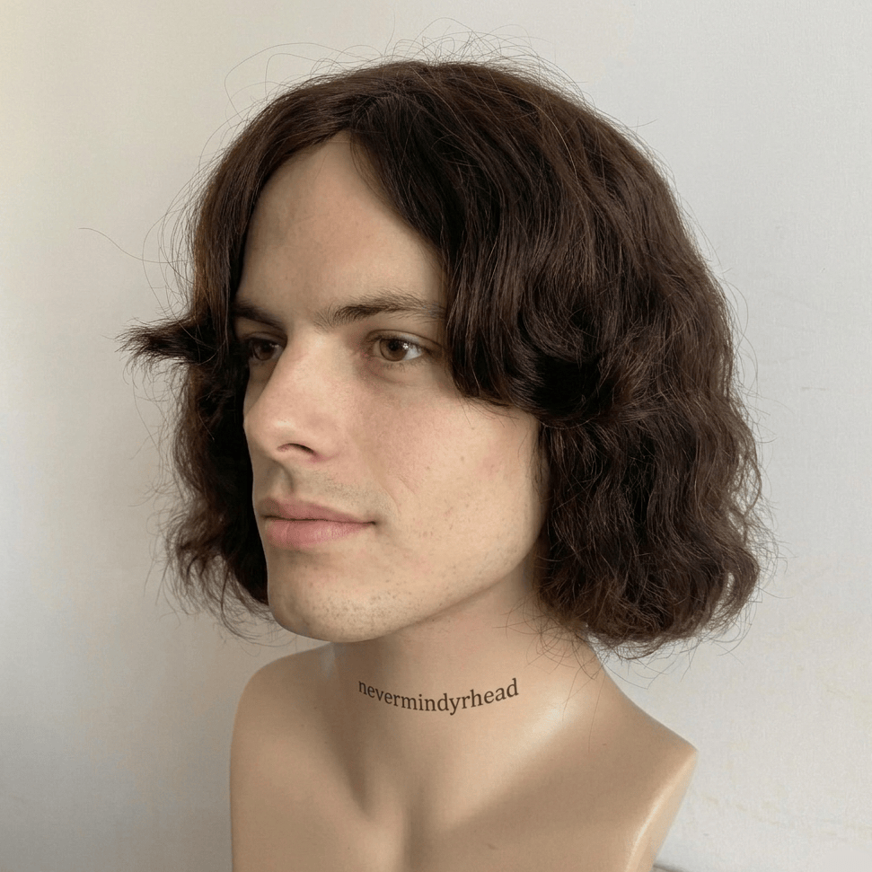 nevermindyrhead Men's Dark Brown Human Hair Wig: Wavy Bob with Curtain Bangs