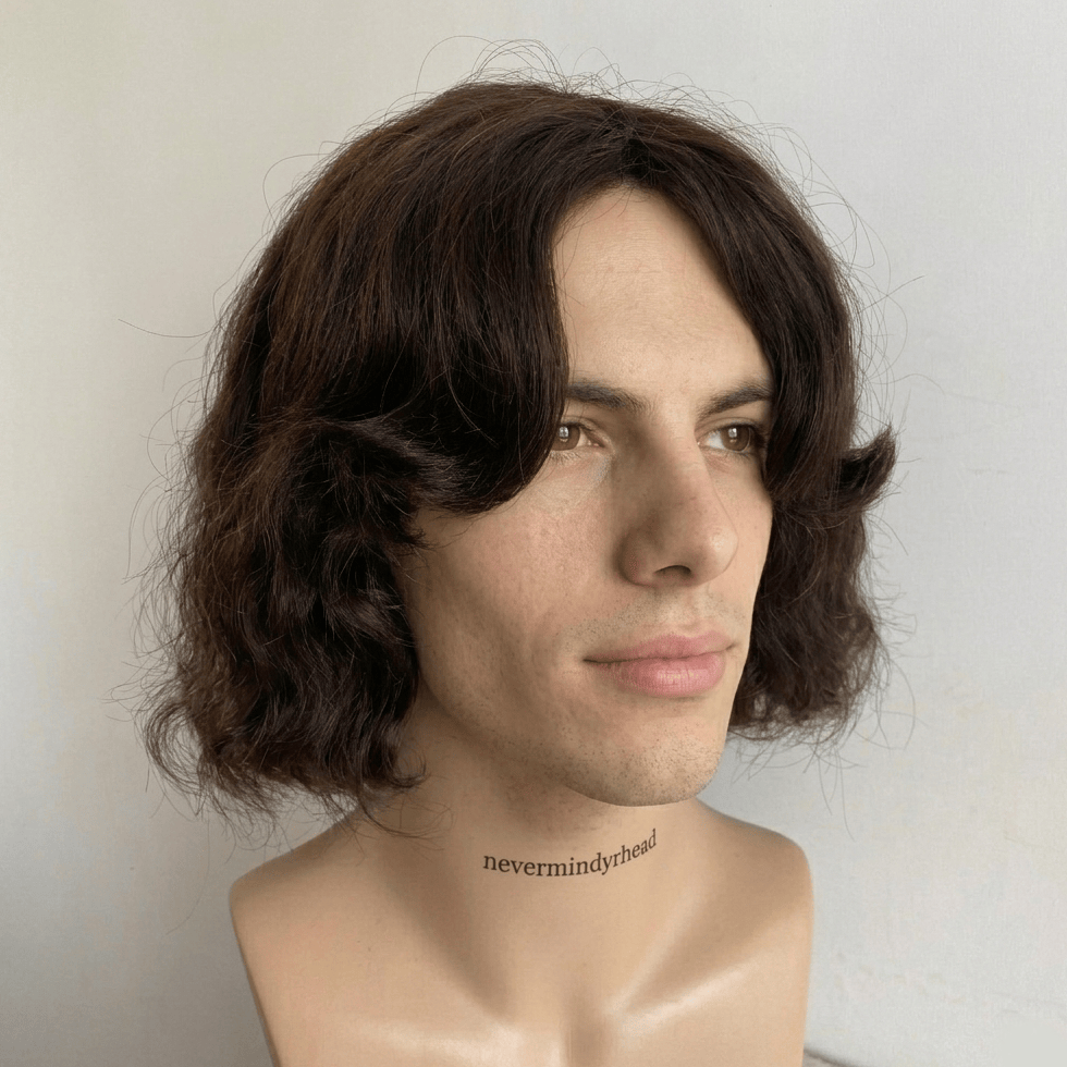 nevermindyrhead Men's Dark Brown Human Hair Wig: Wavy Bob with Curtain Bangs
