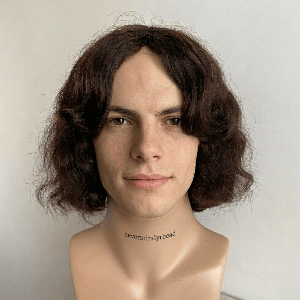 nevermindyrhead Men's Dark Brown Human Hair Wig: Wavy Bob with Curtain Bangs Brown