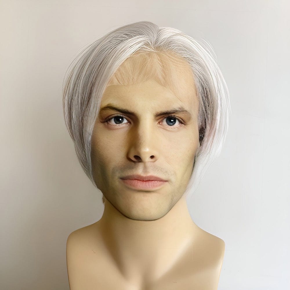 nevermindyrhead Men Silver Gray Lace Front Wig Long Curtain Bangs Short Straight Hair Classic Side Part Hairline