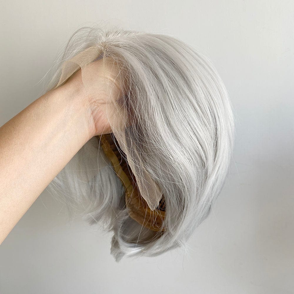 nevermindyrhead Men Silver Gray Lace Front Wig Long Curtain Bangs Short Straight Hair Classic Side Part Hairline