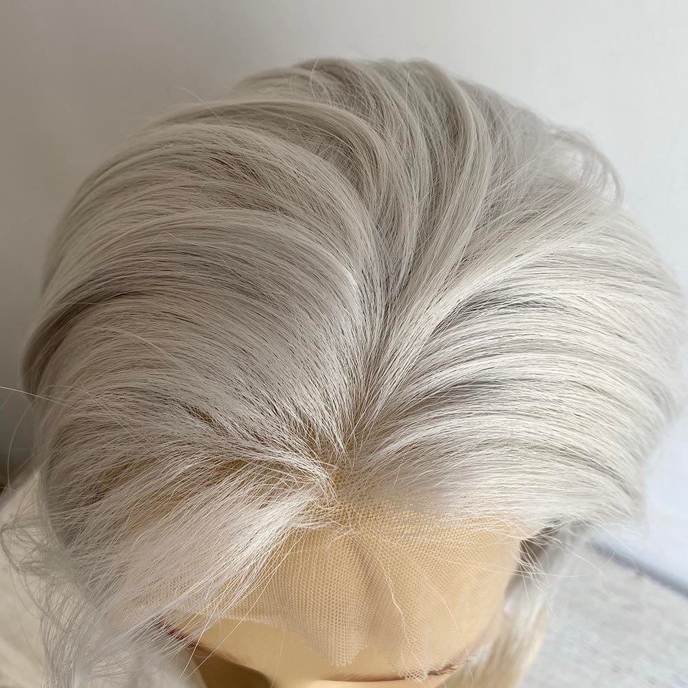 nevermindyrhead Men Silver Gray Lace Front Wig Long Curtain Bangs Short Straight Hair Classic Side Part Hairline