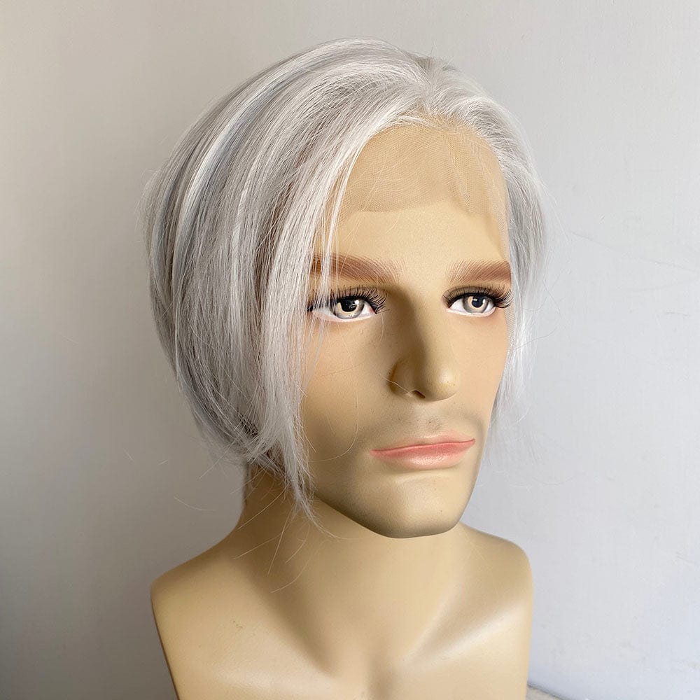 nevermindyrhead Men Silver Gray Lace Front Wig Long Curtain Bangs Short Straight Hair Classic Side Part Hairline