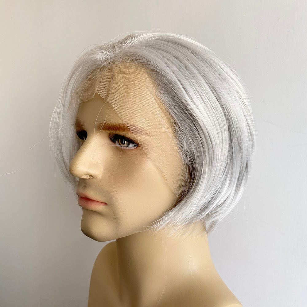 nevermindyrhead Men Silver Gray Lace Front Wig Long Curtain Bangs Short Straight Hair Classic Side Part Hairline
