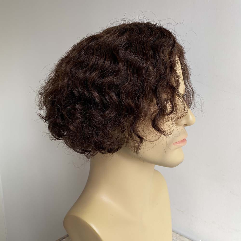 nevermindyrhead Mens Human Hair Wigs Dark Brown Short Bob Curly Male Curtain Bangs Natural Looking