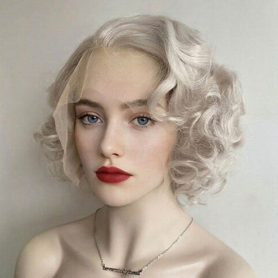 Silver Gray Hair Wig For Women Lace Front Short Curly Marilyn Style Widow's Peak